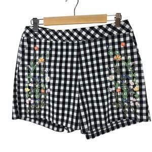 For the Republic Black White Gingham Check Floral Embroidered Chino Shorts Sz 8